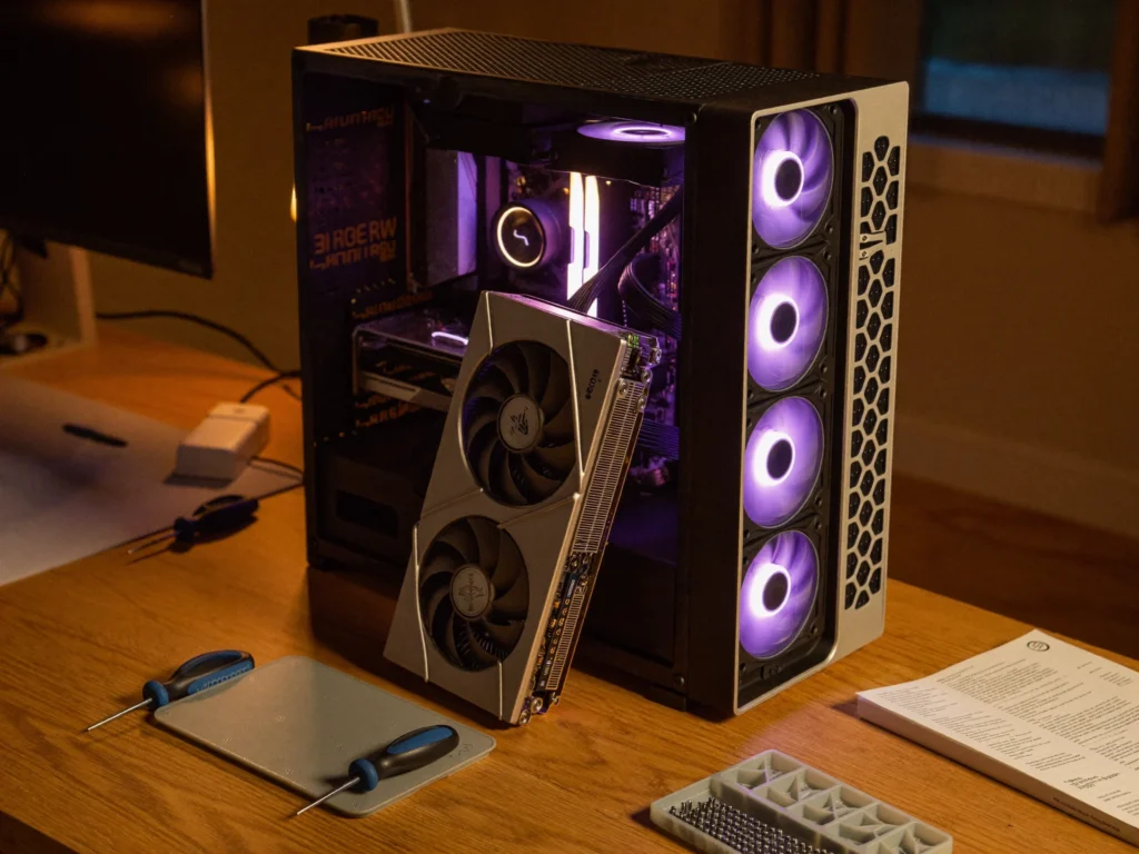 Gaming PC parts on a workbench ready to build - graphics card, purple RGB fans, screwdrivers and screws