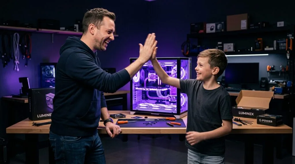 High-five in front of the finished glowing gaming PC