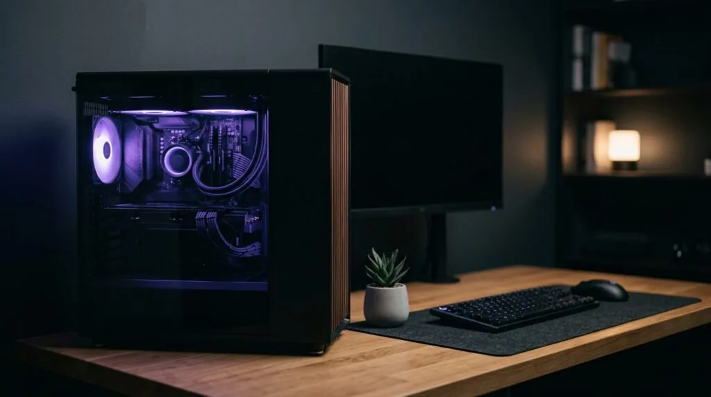 Custom gaming PC with violet lighting