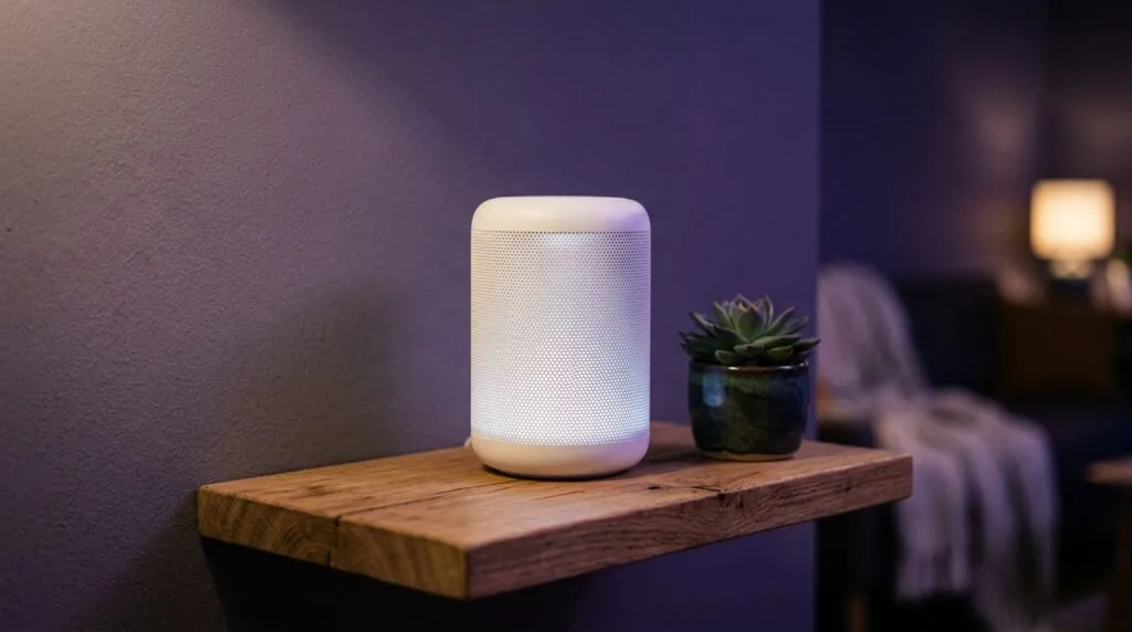 Mesh WiFi router glowing on a living room shelf