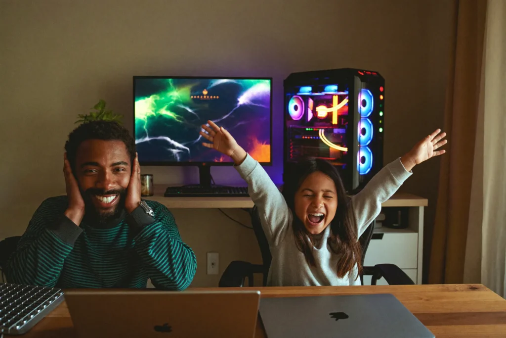 A tech mentor and a young child high-fiving in front of a glowing gaming PC setup